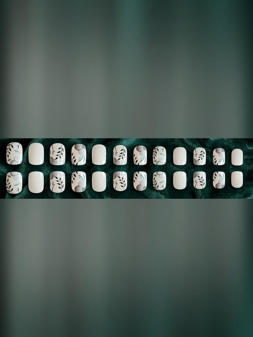 24pcs Short Square Press-On False Nails Set with Delicate Floral w/ Green Leaves
